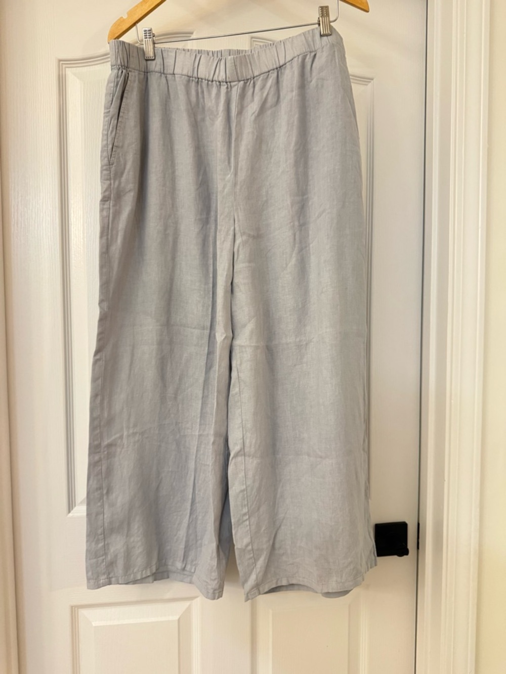 Eileen Fisher XL Women 100% Organic Linen Wide Leg Pants Blue Gray Pull On